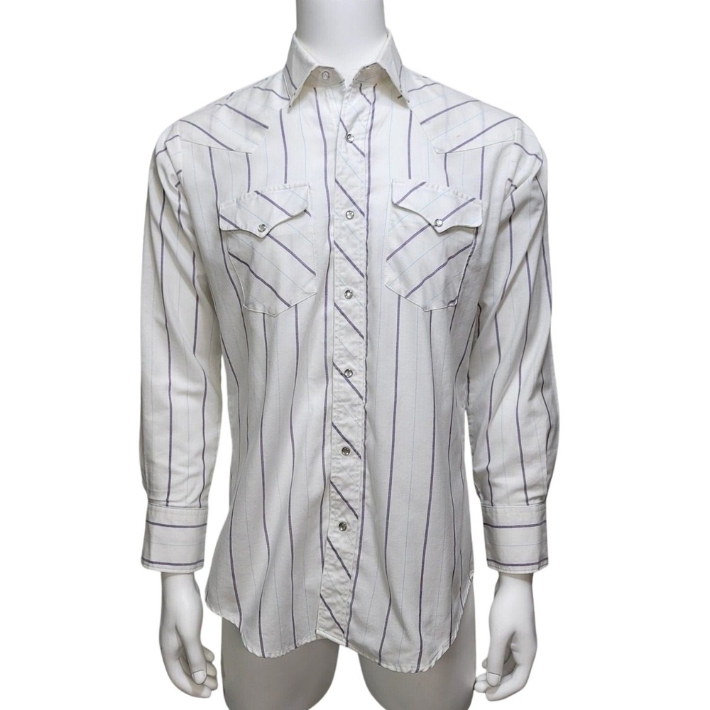Miller Stockman Vintage Mens Western Pearl Snap Shirt White Purple Stripe‎ 16-34